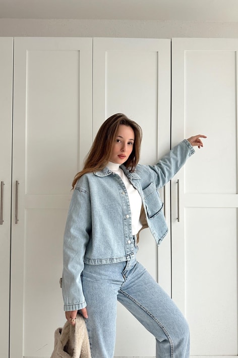 Parasüt Garnili Gabardin Ceket Mavi