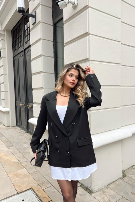 Poplin Detay Blazer Ceket Siyah