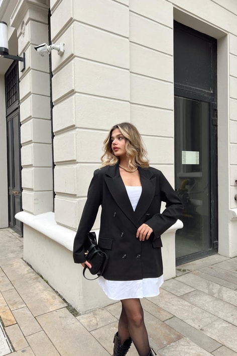 Poplin Detay Blazer Ceket Siyah