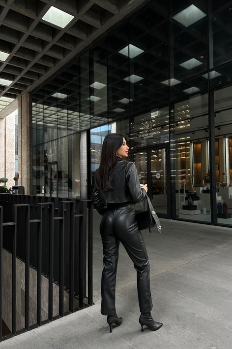 Premium Crop Deri Blazer Siyah