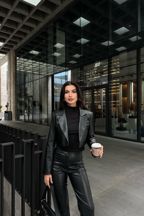 Premium Crop Deri Blazer Siyah