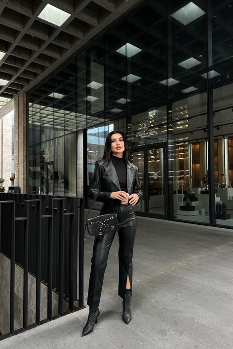 Premium Crop Deri Blazer Siyah