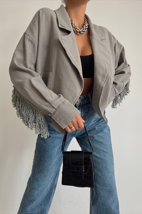 Püsküllü Keten Ceket Gri