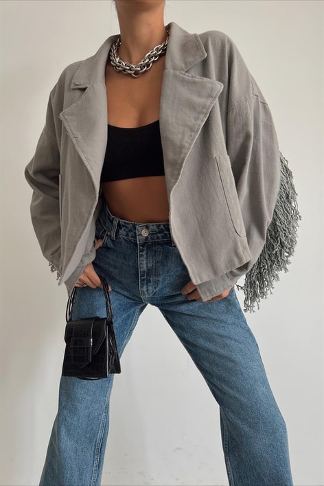 Püsküllü Keten Ceket Gri