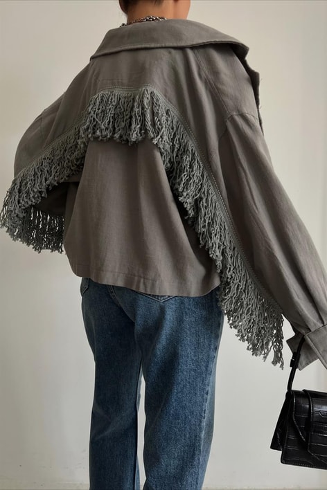 Püsküllü Keten Ceket Gri