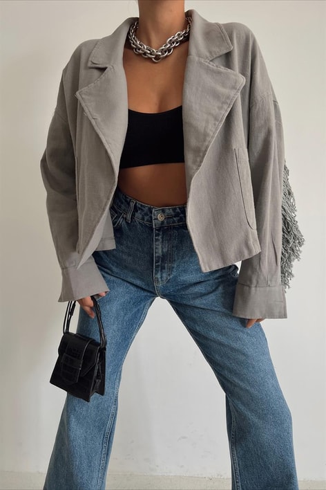 Püsküllü Keten Ceket Gri