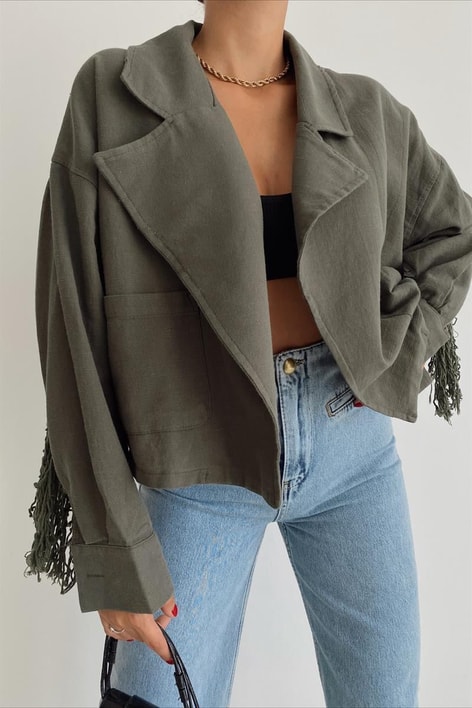 Püsküllü Keten Ceket Haki