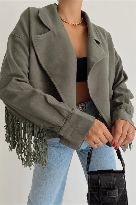 Püsküllü Keten Ceket Haki