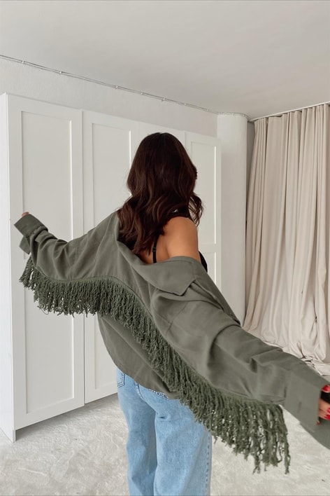 Püsküllü Keten Ceket Haki