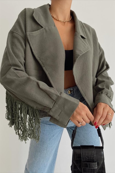 Püsküllü Keten Ceket Haki