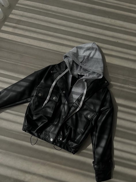 Sweat Detay Deri Ceket Siyah