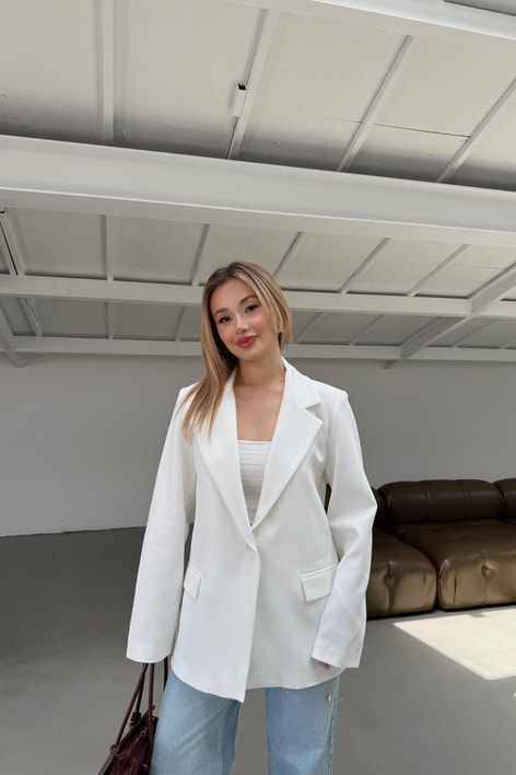 Tek Düğme Blazer Ceket Beyaz