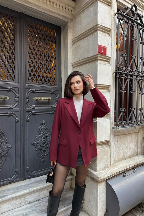Tek Düğme Blazer Ceket Bordo