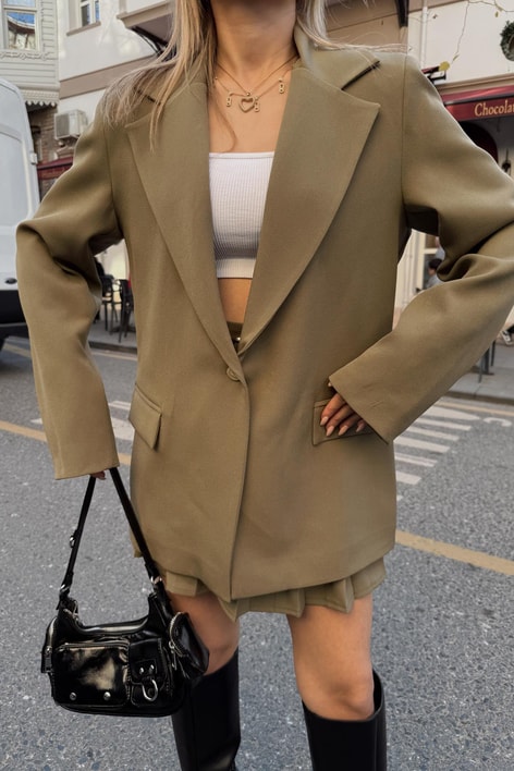 Tek Düğme Blazer Ceket Haki