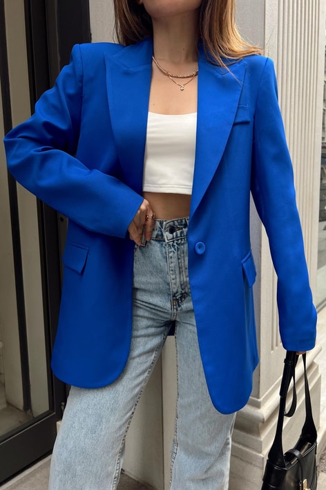 Tek Düğme Blazer Ceket Saks Mavisi