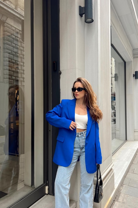 Tek Düğme Blazer Ceket Saks Mavisi