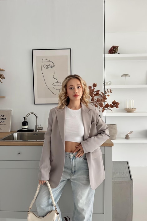 Tek Düğmeli Blazer Gri