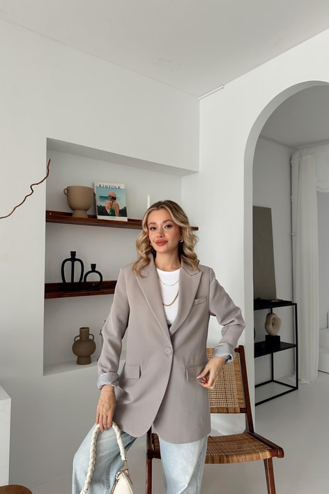 Tek Düğmeli Blazer Gri