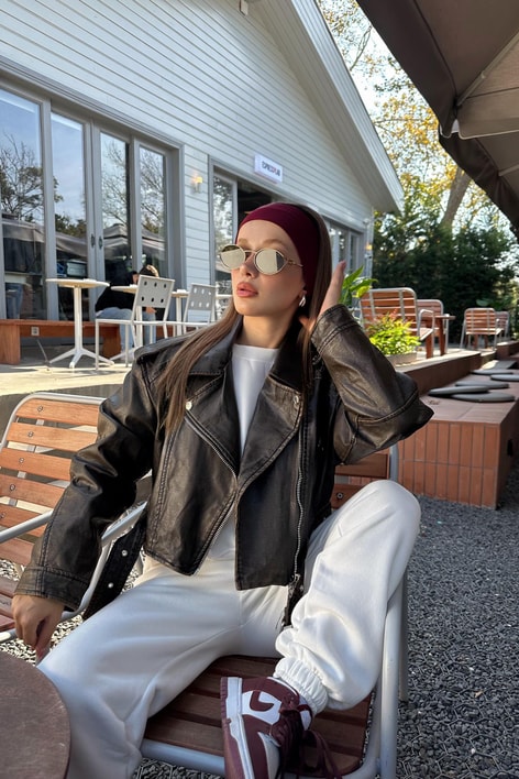 Vintage Deri Biker Ceket Kahve