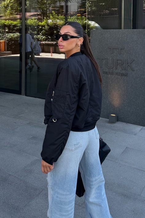 Zip Detay Bomber Ceket Siyah