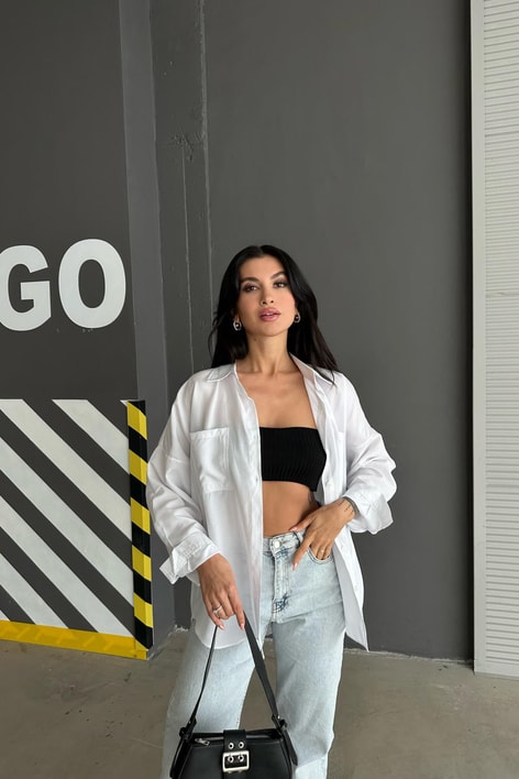 Çift Cepli Uzun Basic Gömlek Beyaz