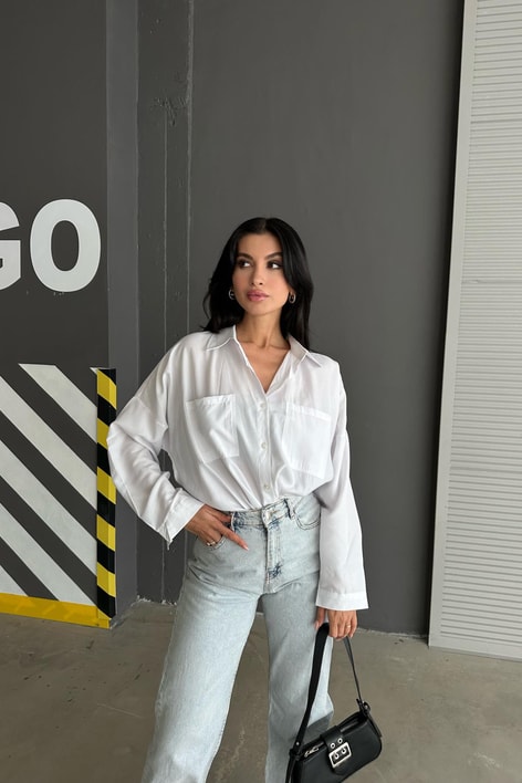 Çift Cepli Uzun Basic Gömlek Beyaz