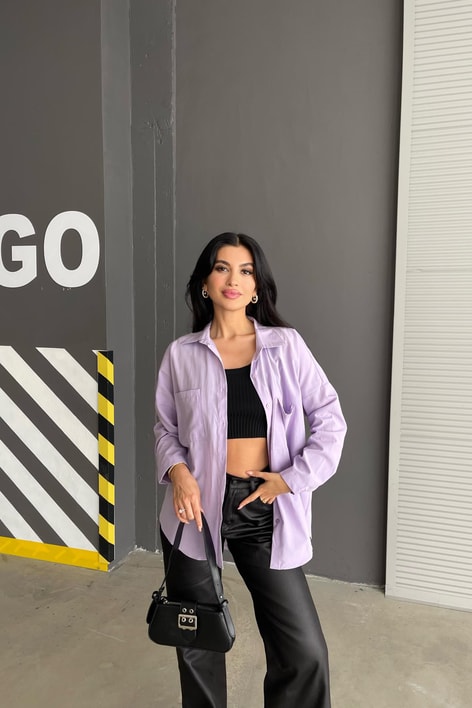 Çift Cepli Uzun Basic Gömlek Lila