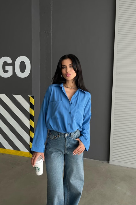 Çift Cepli Uzun Basic Gömlek Mavi