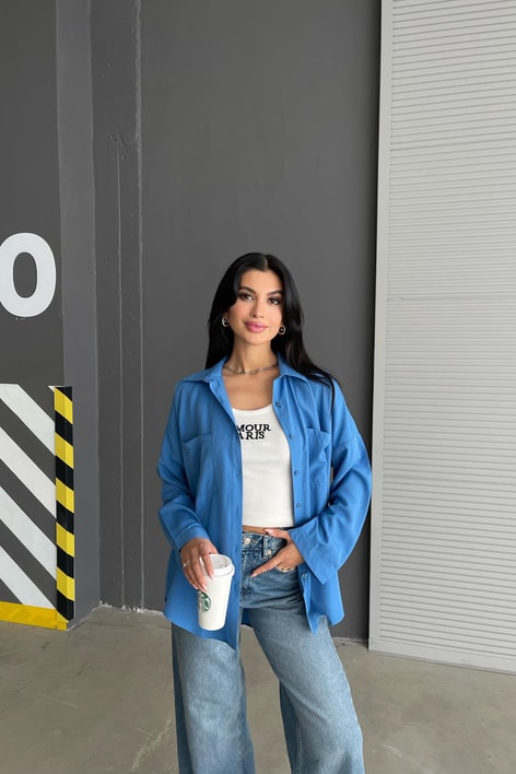 Çift Cepli Uzun Basic Gömlek Mavi