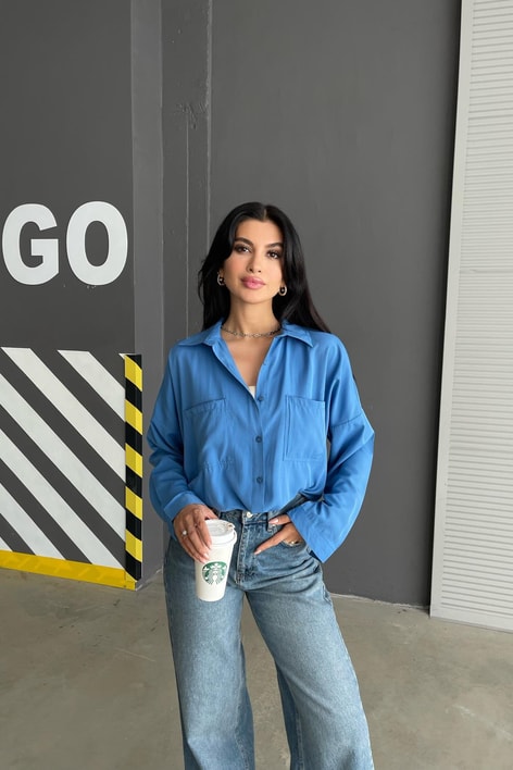 Çift Cepli Uzun Basic Gömlek Mavi