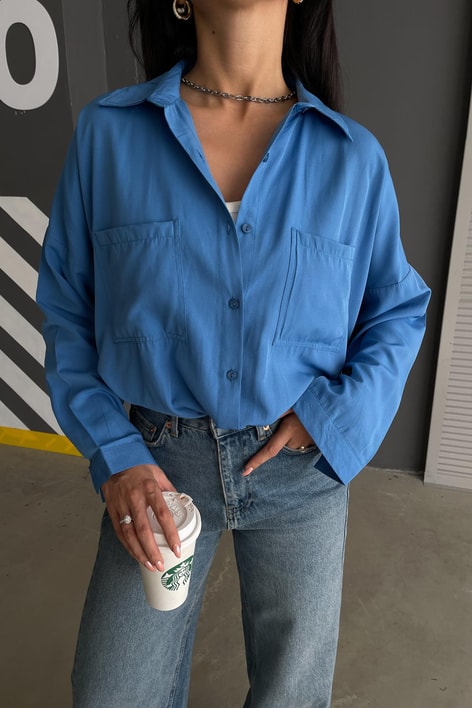 Çift Cepli Uzun Basic Gömlek Mavi