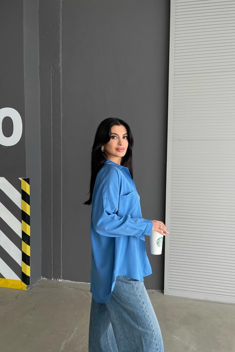 Çift Cepli Uzun Basic Gömlek Mavi