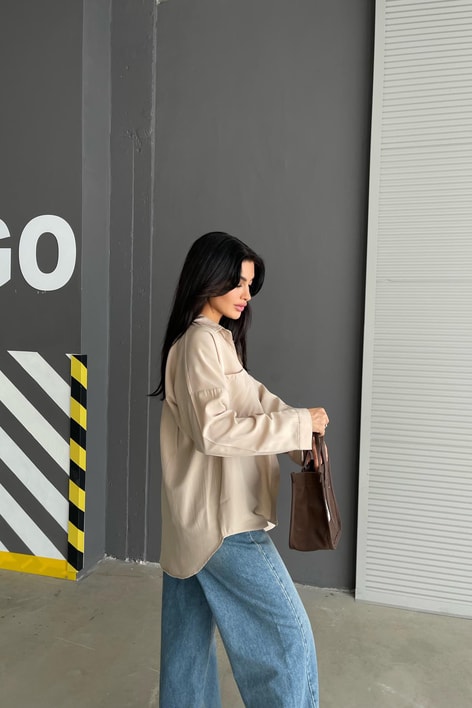 Çift Cepli Uzun Basic Gömlek Taş