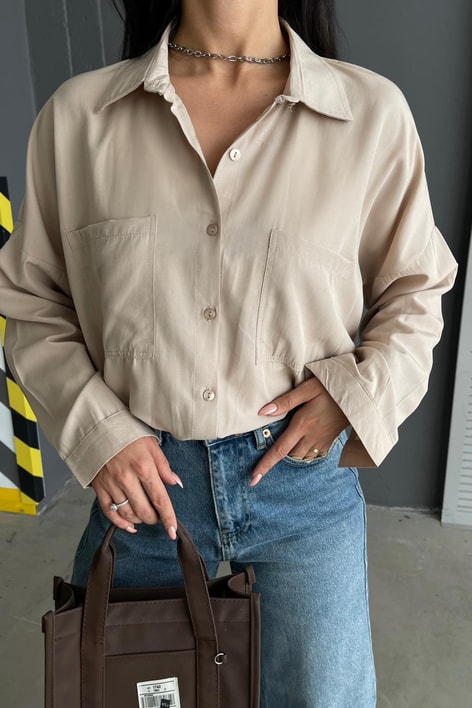 Çift Cepli Uzun Basic Gömlek Taş