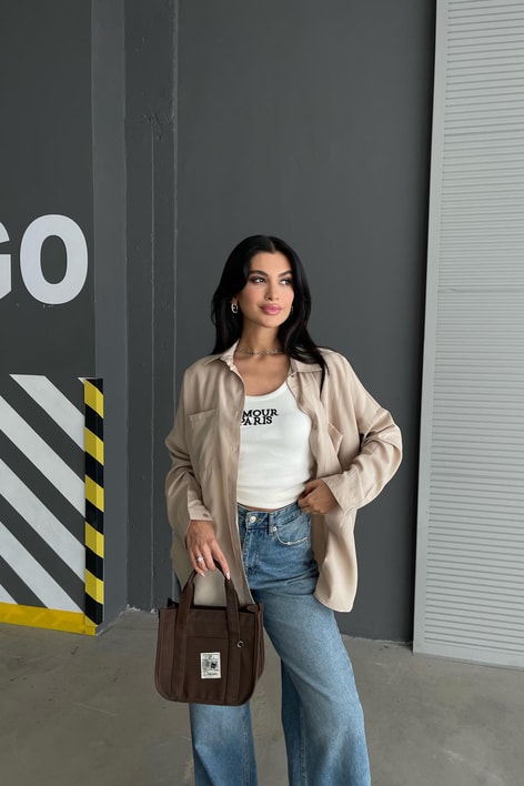 Çift Cepli Uzun Basic Gömlek Taş