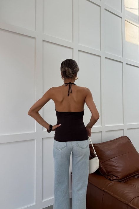 Boyundan Bağlamalı Poliamid Top Kahve Crop Top