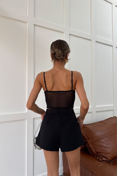 İp Askılı Taşlı Büstiyer Siyah Crop Top