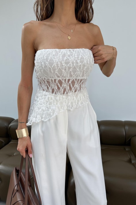 Asimetrik Straplez Dantel Büstiyer Beyaz