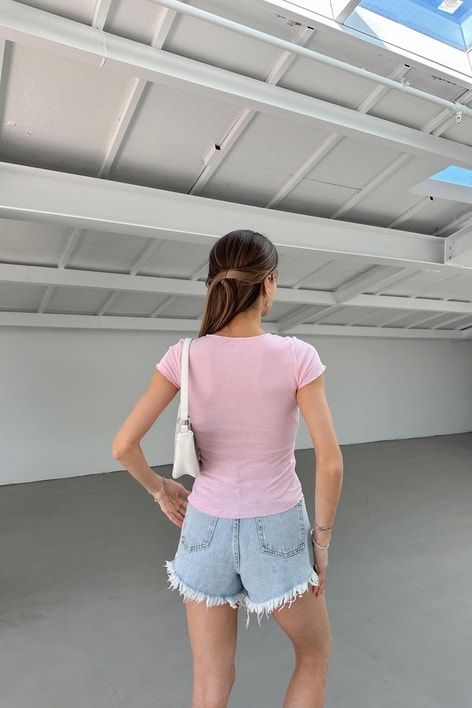 Dantel Şeritli V Yaka Top Pembe