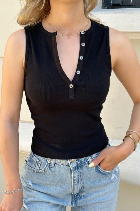 Düğmeli Triko Top Siyah