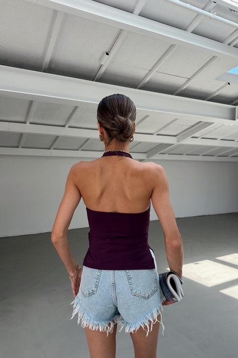 Halter Yaka Poliamit Top Mor