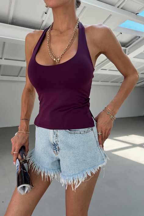 Halter Yaka Poliamit Top Mor