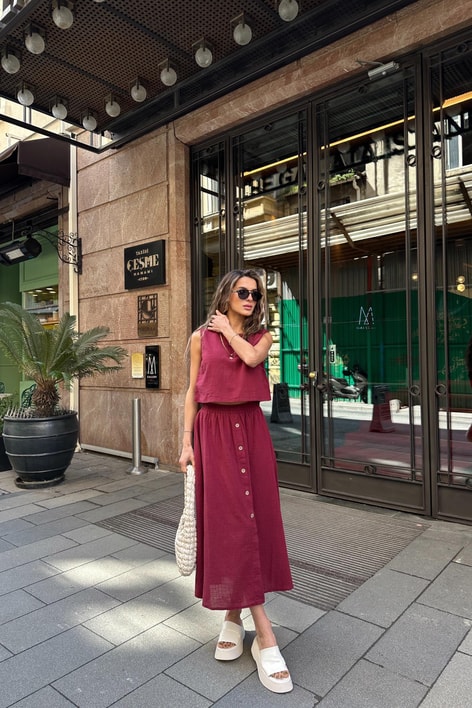 Keten Sıfır Kol Üst Bordo