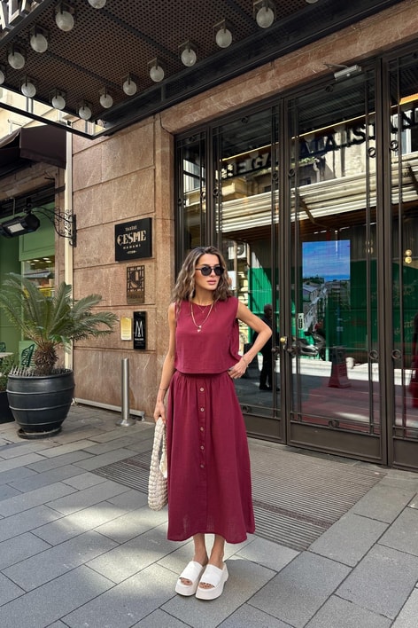 Keten Sıfır Kol Üst Bordo