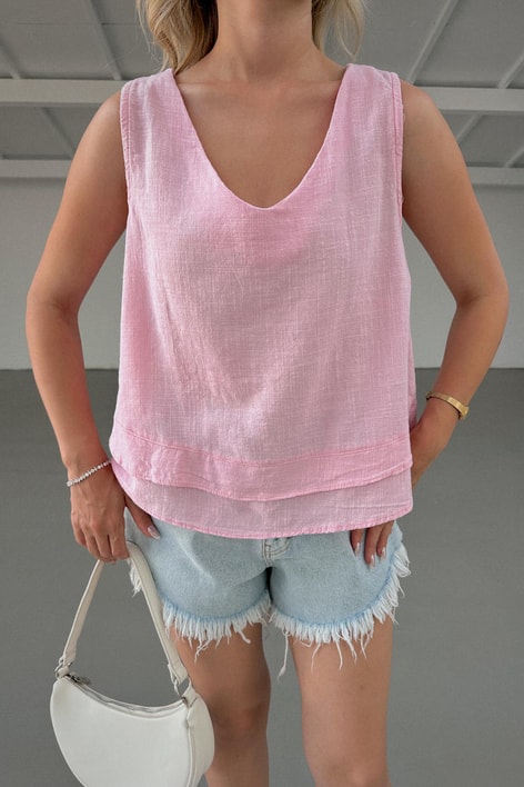 V Yaka Princess Keten Üst Pembe
