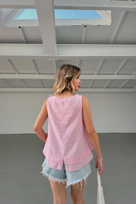 V Yaka Princess Keten Üst Pembe