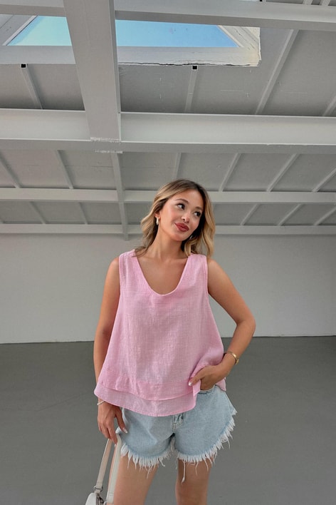 V Yaka Princess Keten Üst Pembe