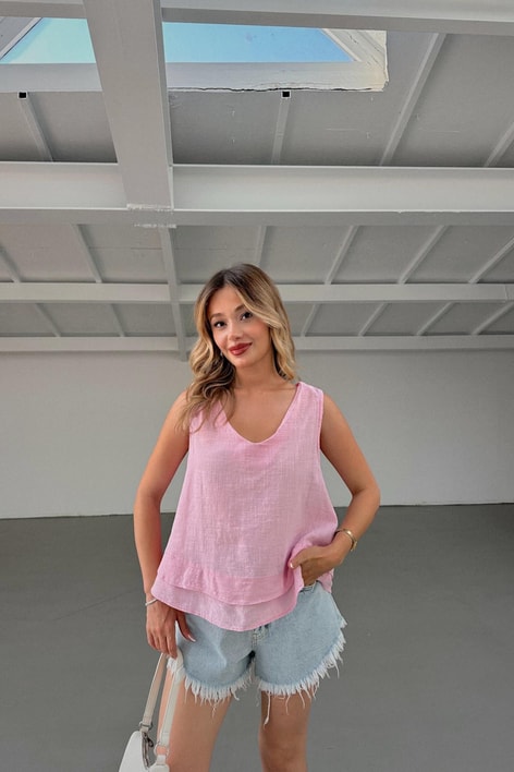 V Yaka Princess Keten Üst Pembe