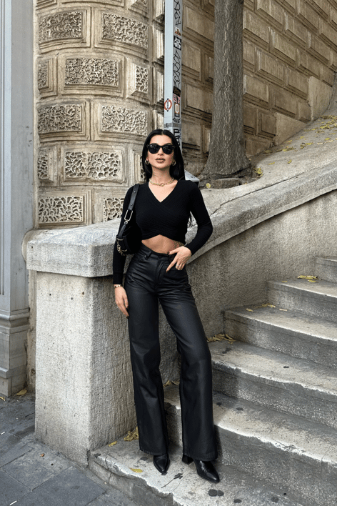 Elastik Çapraz Bluz Siyah