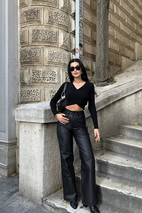 Elastik Çapraz Bluz Siyah